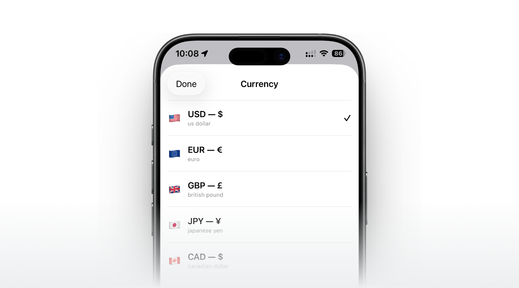 Receeto multi-currency expense tracking showing USD, EUR, GBP, and INR conversion