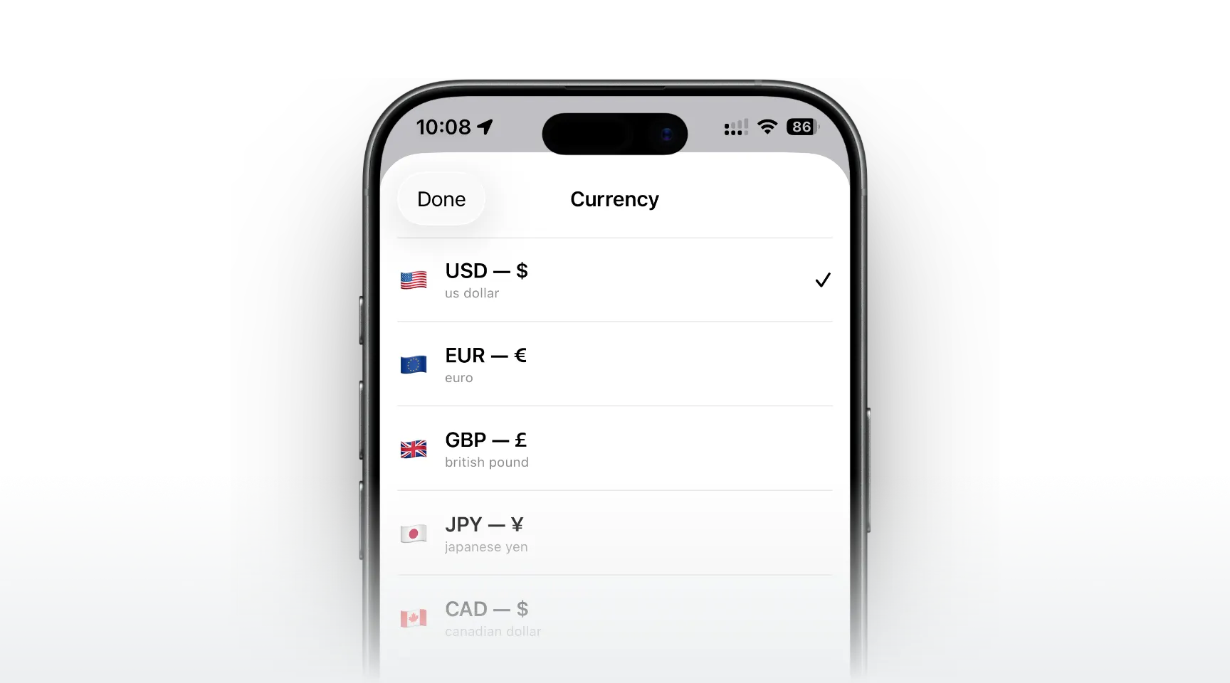 Receeto multi-currency expense tracking showing USD, EUR, GBP, and INR conversion