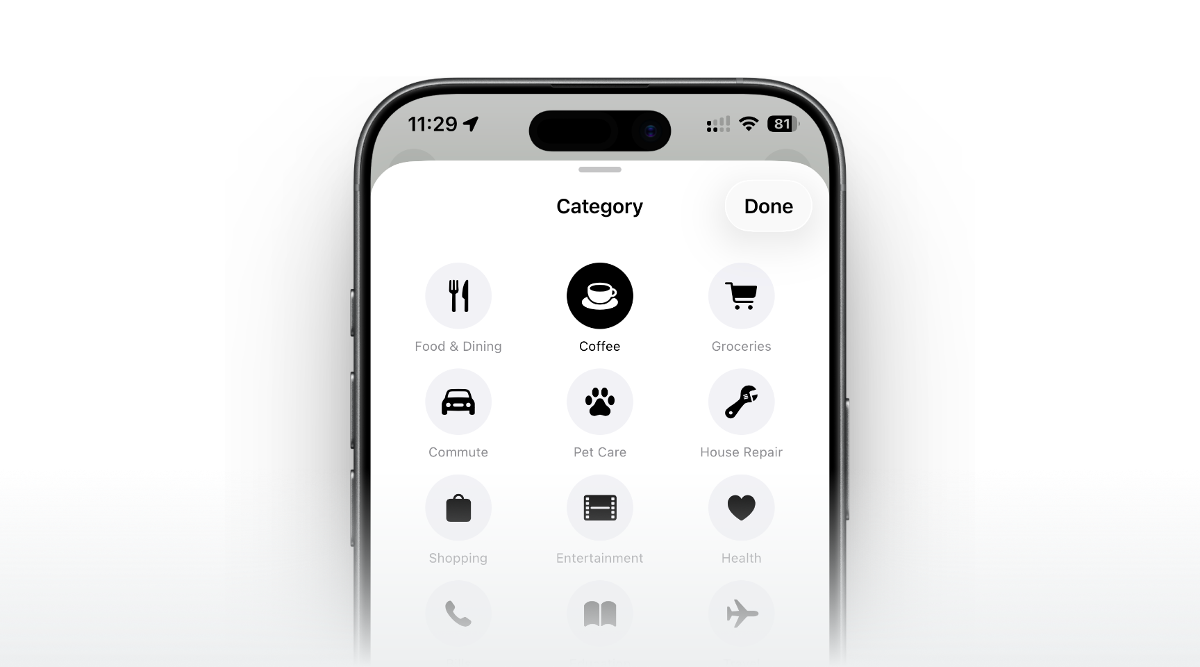 Receeto smart expense categories showing food, transport, shopping, and entertainment with emoji icons