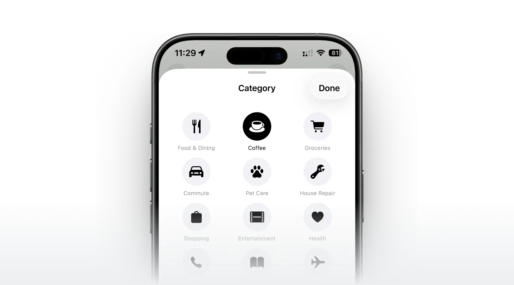 Receeto smart expense categories showing food, transport, shopping, and entertainment with emoji icons
