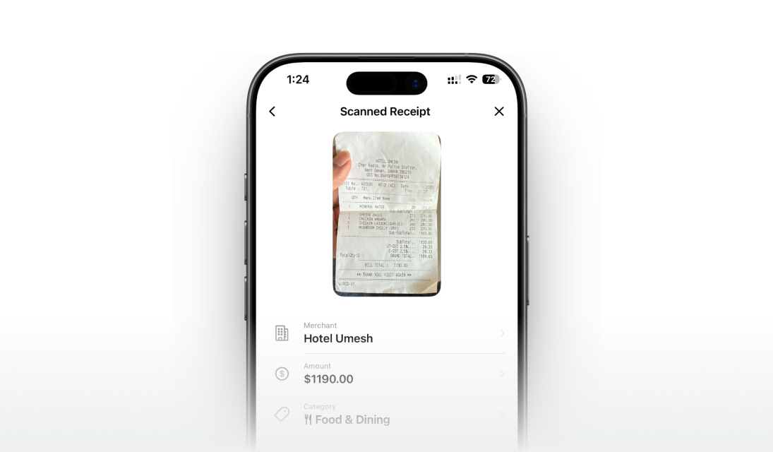 Receeto expense detail screen showing extracted merchant, amount, and category