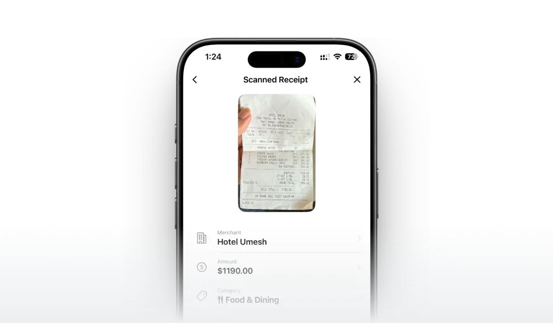 Receeto expense detail screen showing extracted merchant, amount, and category