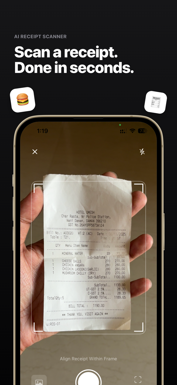 Receeto receipt scanner app scanning a paper receipt with the iPhone camera