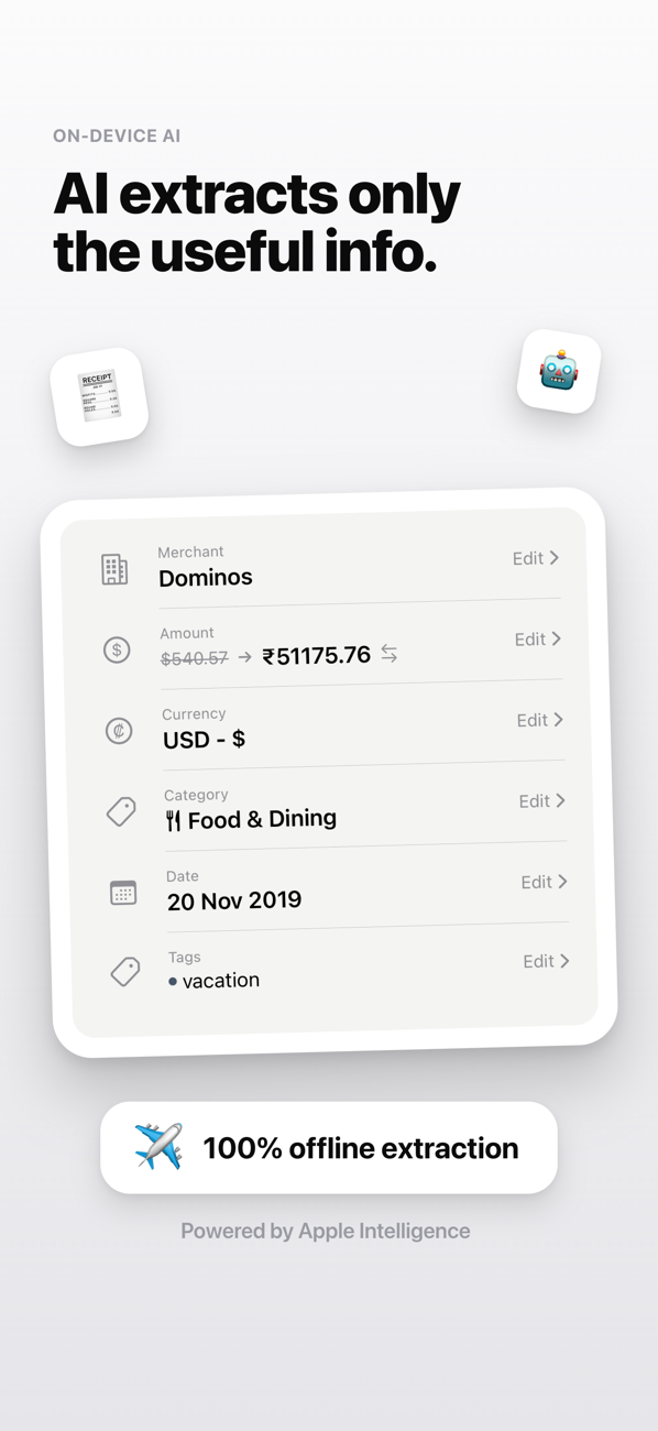 On-device AI OCR extracting merchant, amount, date, and category from a receipt