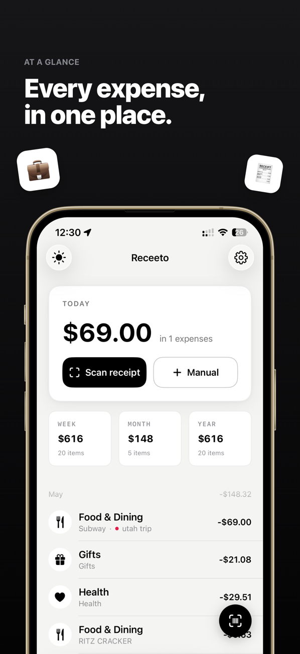 Expense tracker overview showing categorized expenses in the Receeto app