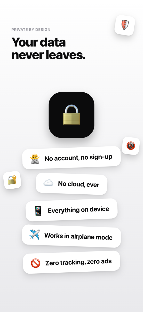 Receeto privacy screen showing 100% offline, on-device receipt scanning