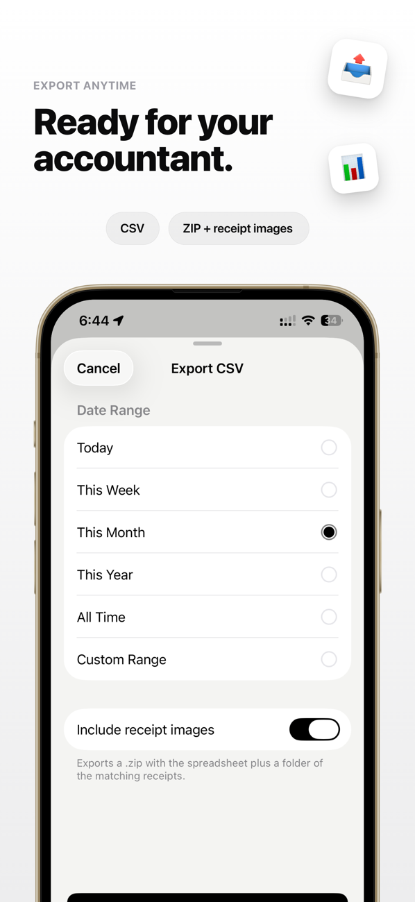 Exporting receipts and expenses to CSV and ZIP from the Receeto app
